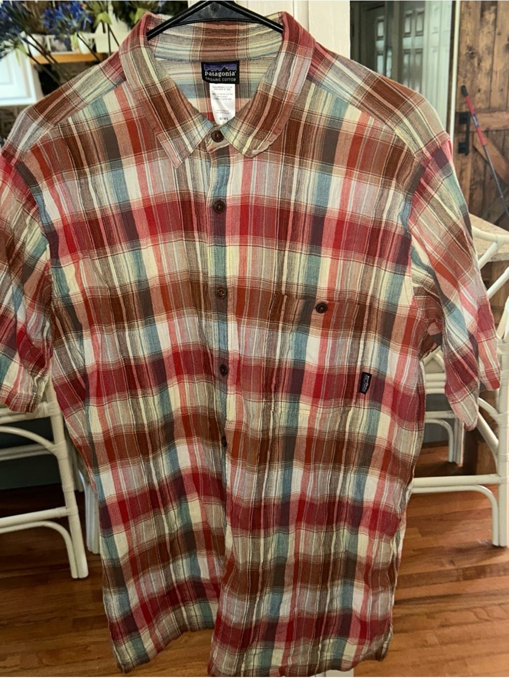 Patagonia Plaid Short-Sleeve Button-Down in Red, Brown & Light Blue